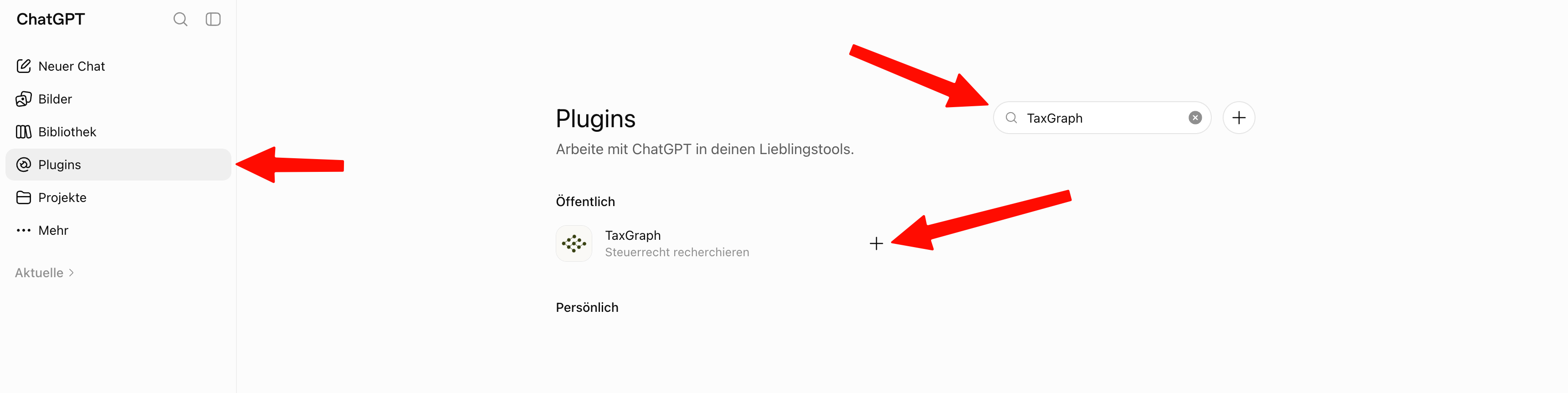 ChatGPT-Plugin-Verzeichnis mit dem öffentlichen TaxGraph-Eintrag und hervorgehobener Plus-Schaltfläche
