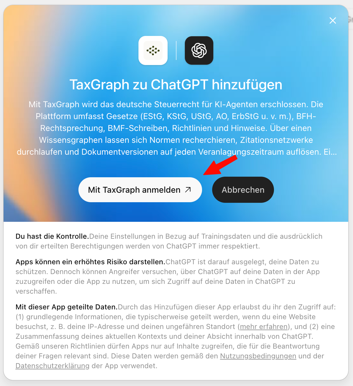 ChatGPT-Dialog „TaxGraph zu ChatGPT hinzufügen“ mit Schaltfläche „Mit TaxGraph anmelden“