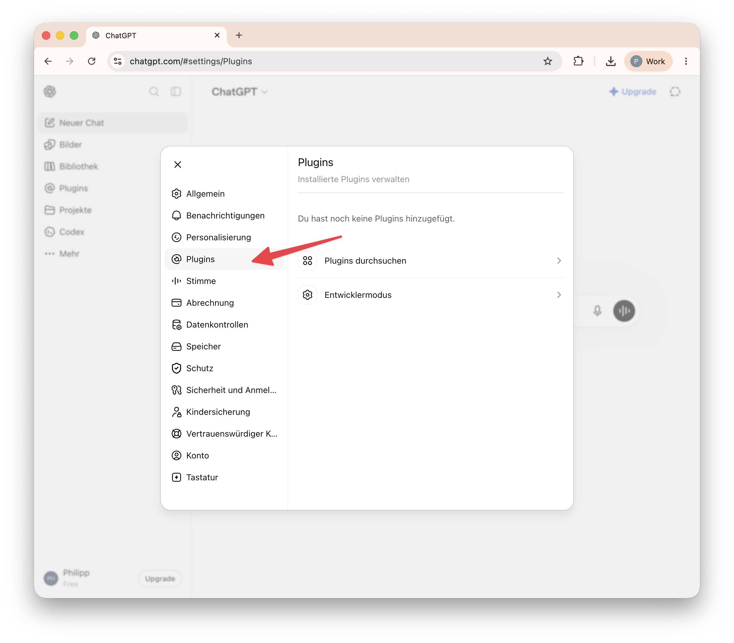 ChatGPT-Einstellungen mit hervorgehobenem Menüpunkt Plugins