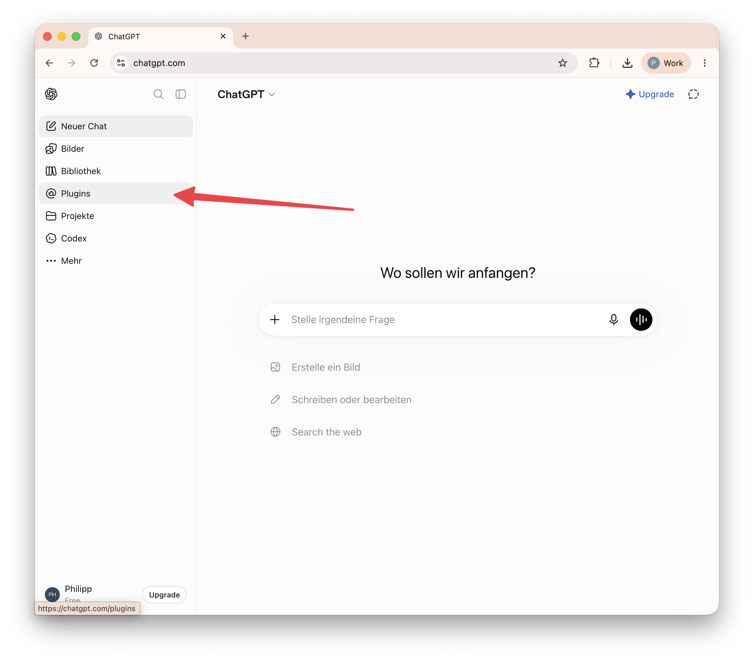 ChatGPT-Startseite mit hervorgehobenem Menüpunkt Plugins