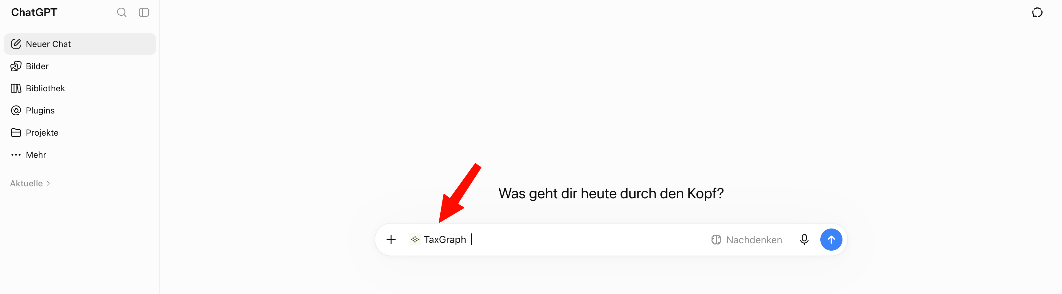 ChatGPT-Eingabefeld in einem neuen Chat mit ausgewähltem TaxGraph-Plugin