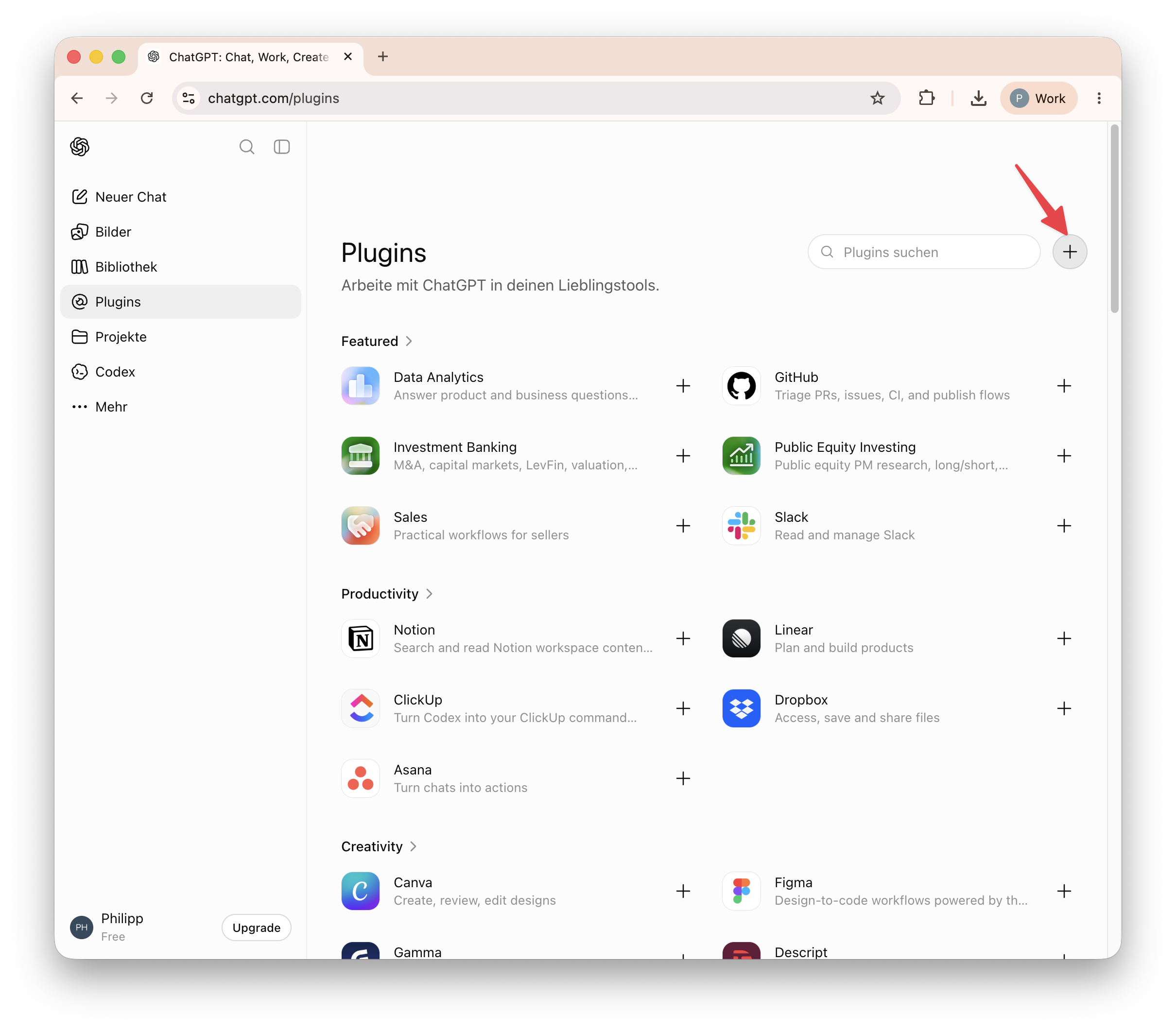 ChatGPT-Plugin-Verzeichnis mit hervorgehobener Plus-Schaltfläche