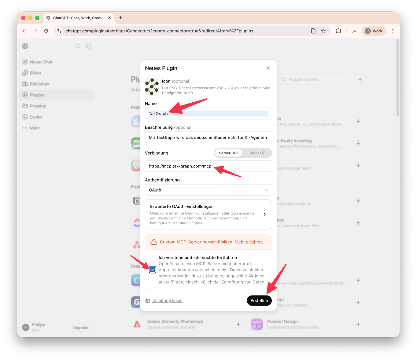 Dialog Neues Plugin mit den ausgefüllten TaxGraph-Verbindungsdaten