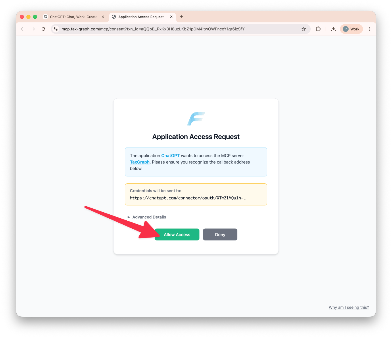Application Access Request für ChatGPT mit Schaltfläche Allow Access