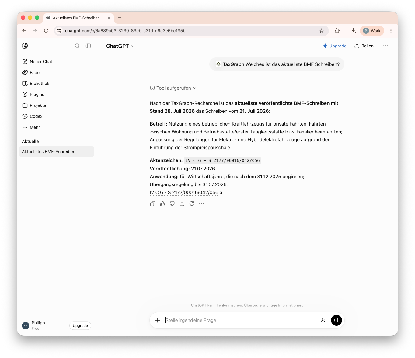 ChatGPT-Antwort auf eine mit TaxGraph recherchierte Frage zum aktuellen BMF-Schreiben