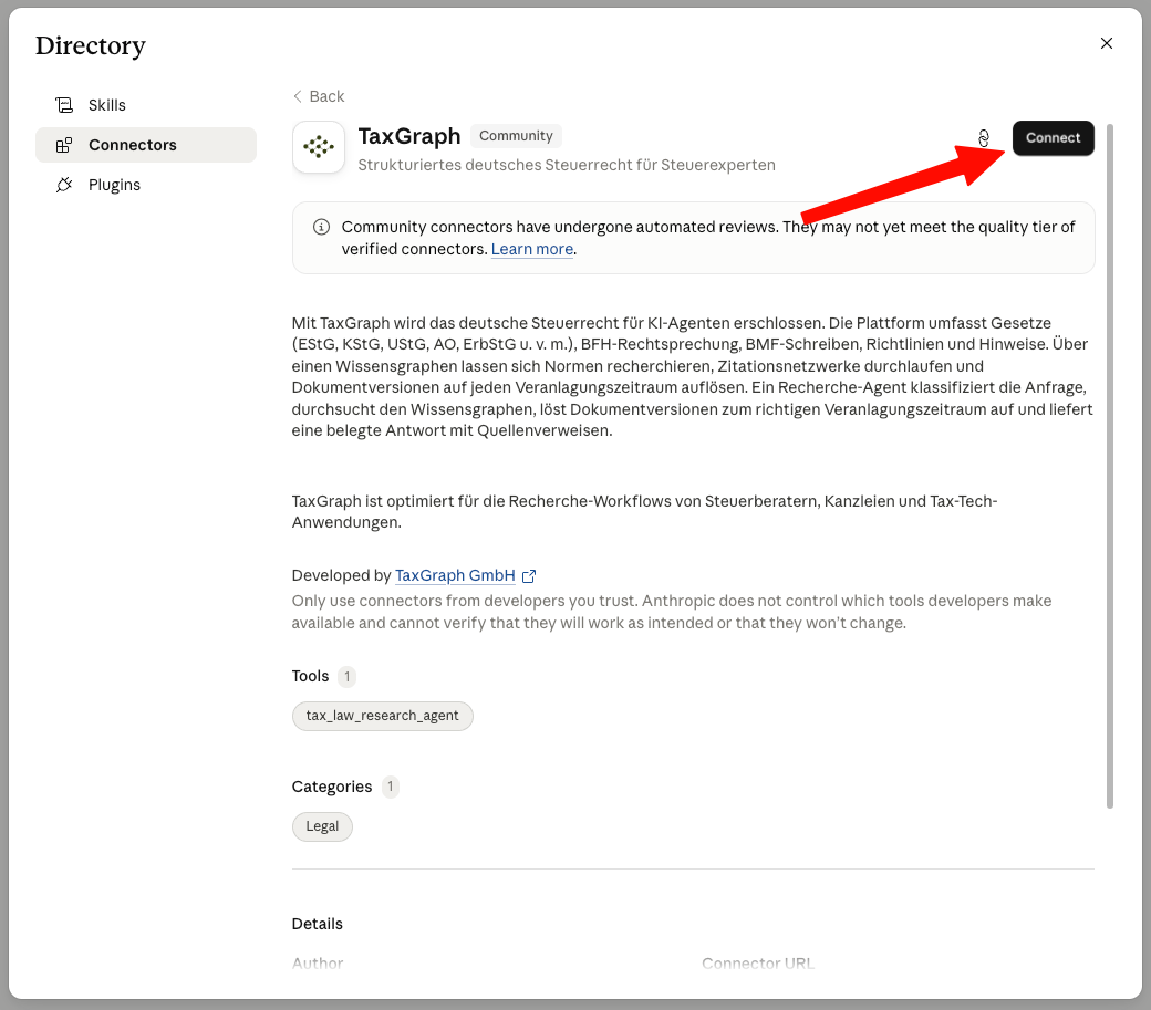 TaxGraph-Eintrag im Claude-Verzeichnis mit hervorgehobener Schaltfläche „Connect“