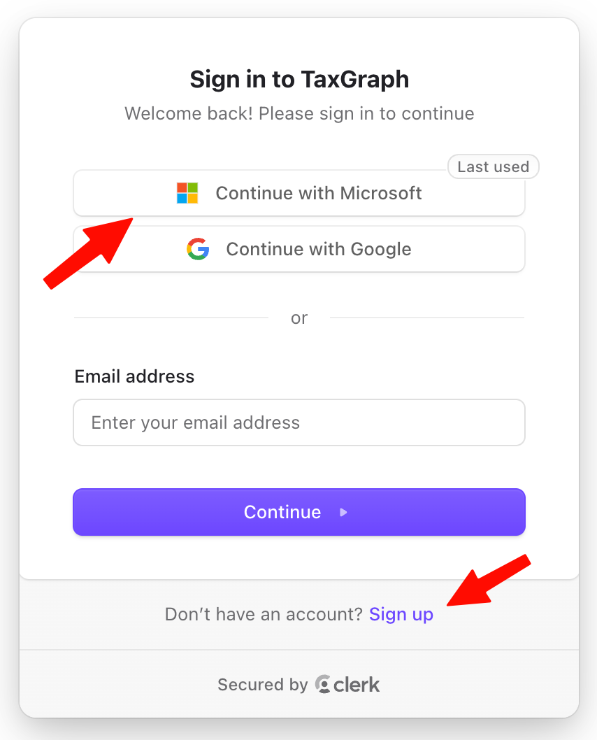 TaxGraph-Anmeldedialog mit „Continue with Microsoft“, „Continue with Google“ und Link „Sign up“