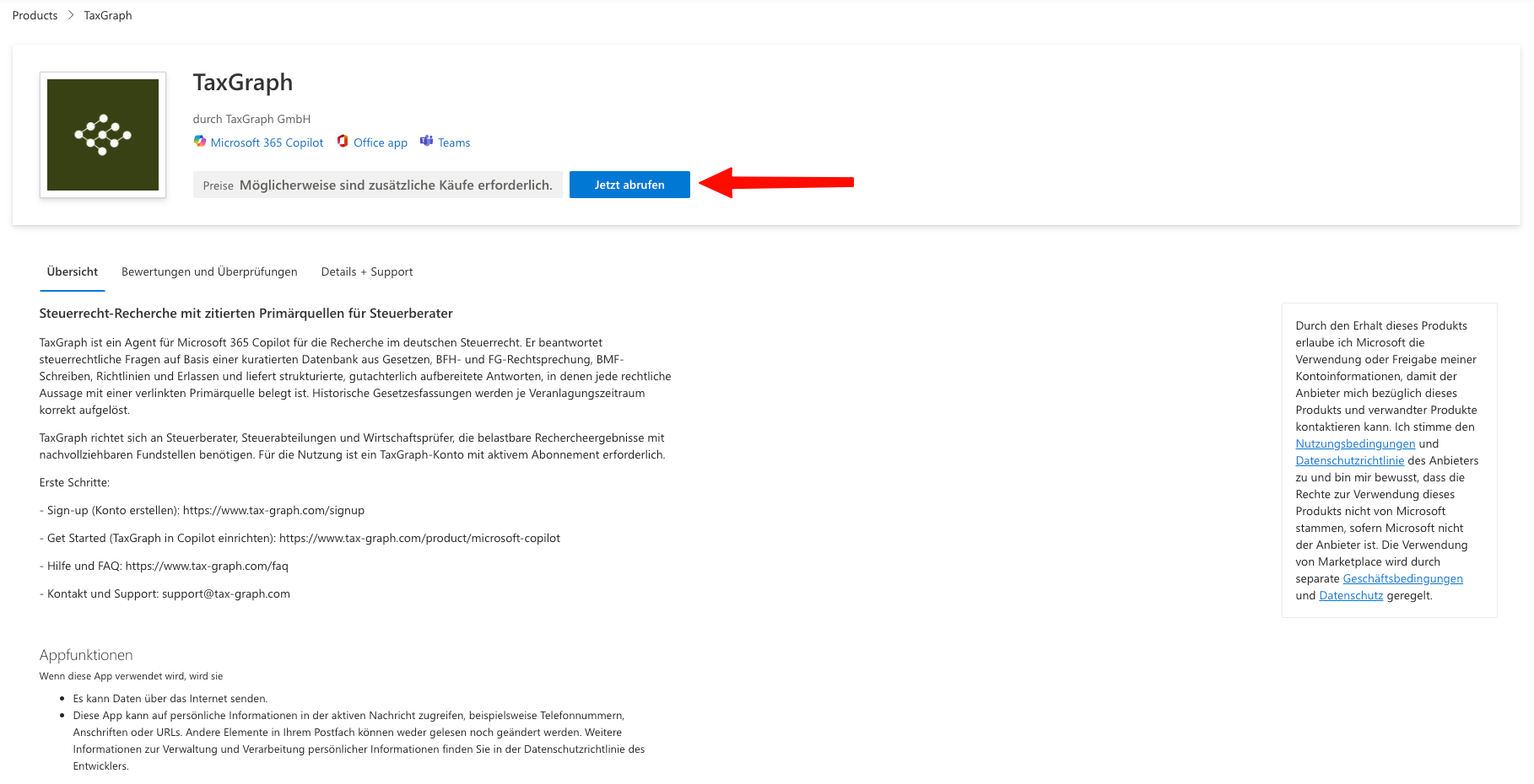 TaxGraph-Eintrag im Microsoft Marketplace mit hervorgehobener Schaltfläche „Jetzt abrufen“