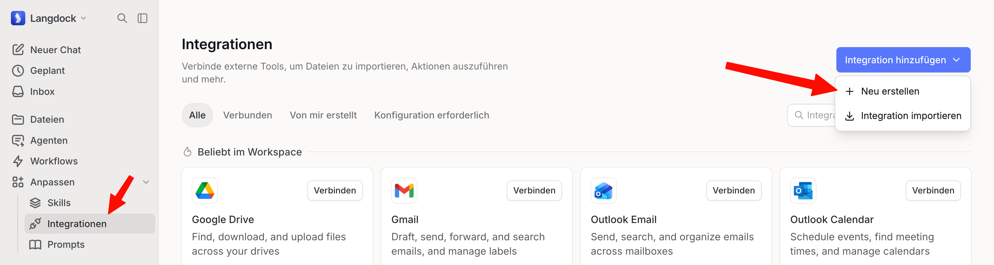 Langdock-Integrationen mit geöffnetem Menü „Integration hinzufügen“ und Option „Neu erstellen“