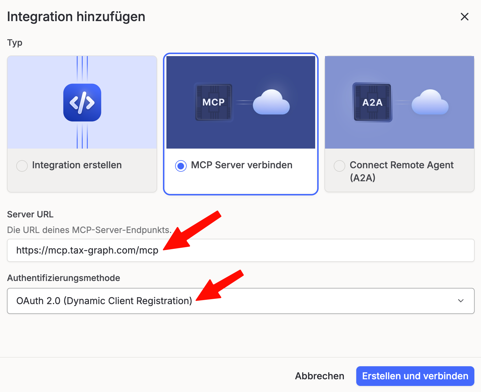 Dialog „Integration hinzufügen“ mit Typ „MCP Server verbinden“, Server-URL und Authentifizierungsmethode OAuth 2.0 (Dynamic Client Registration)