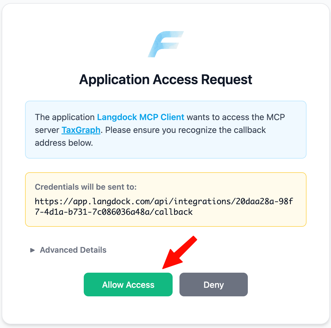 Dialog „Application Access Request“: Der Langdock MCP Client möchte auf den MCP-Server TaxGraph zugreifen, Schaltfläche „Allow Access“