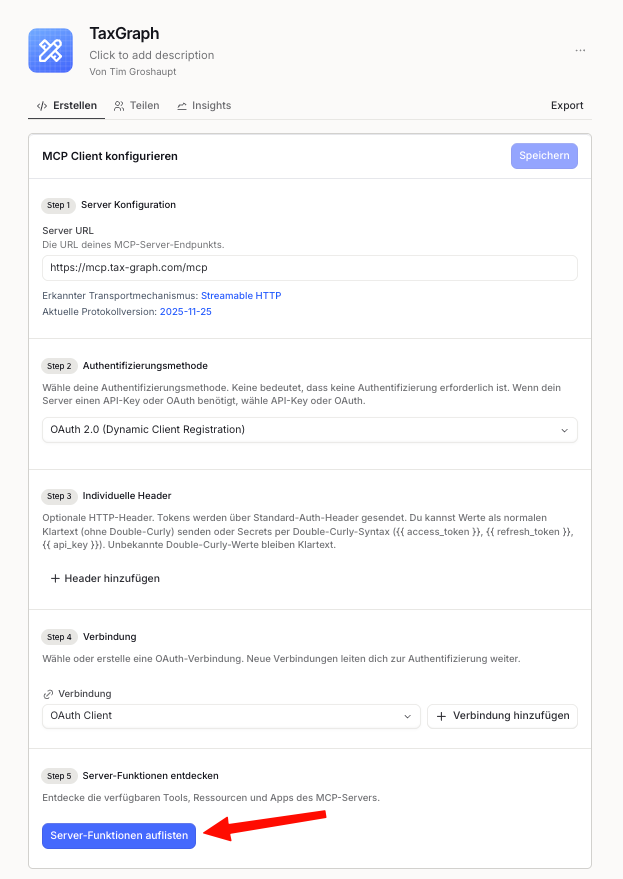 Ansicht „MCP Client konfigurieren“ mit den Langdock-Schritten Server-Konfiguration, Authentifizierungsmethode, individuelle Header, Verbindung und der Schaltfläche „Server-Funktionen auflisten“