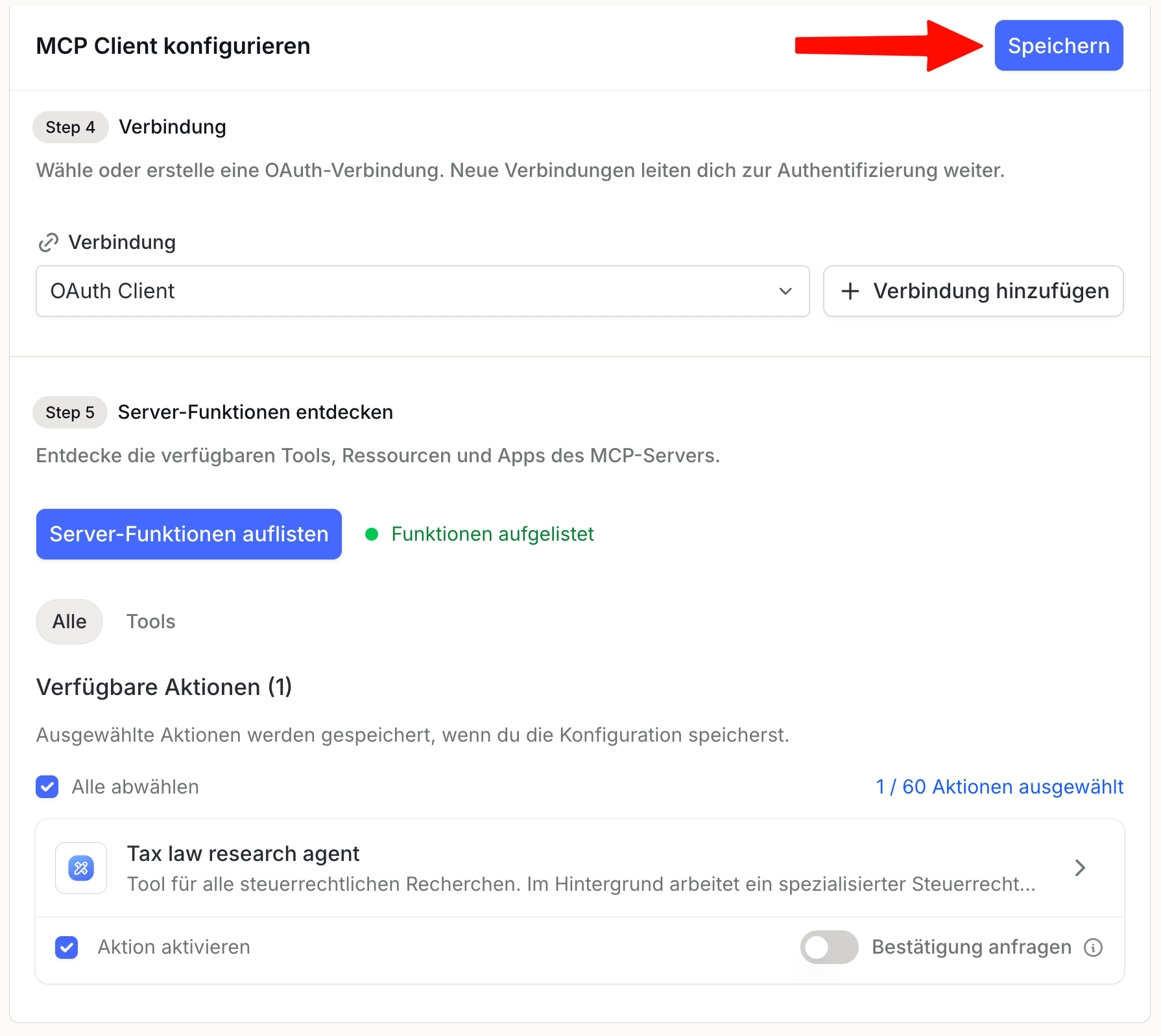 Ansicht „MCP Client konfigurieren“ mit Schaltfläche „Speichern“ oben rechts