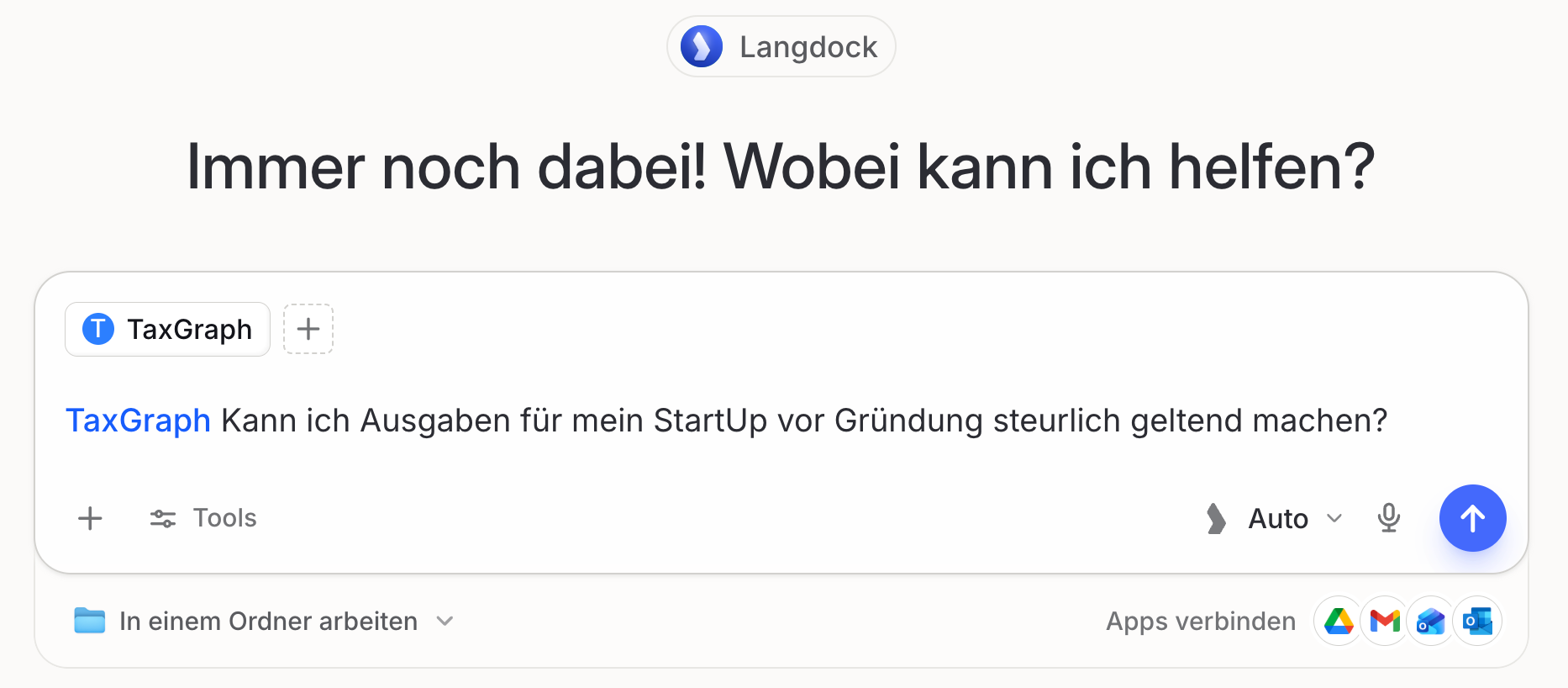 Langdock-Chat mit ausgewählter TaxGraph-Integration über dem Eingabefeld