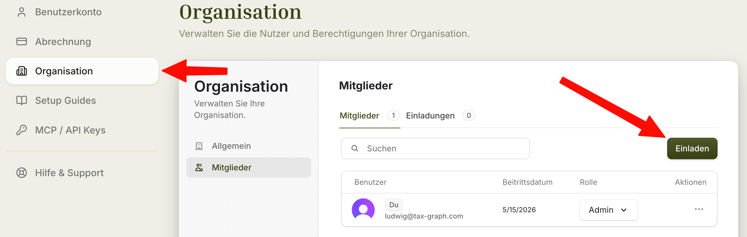 TaxGraph-Konto, Bereich „Organisation“ mit dem Reiter „Mitglieder“ und der Schaltfläche „Einladen“