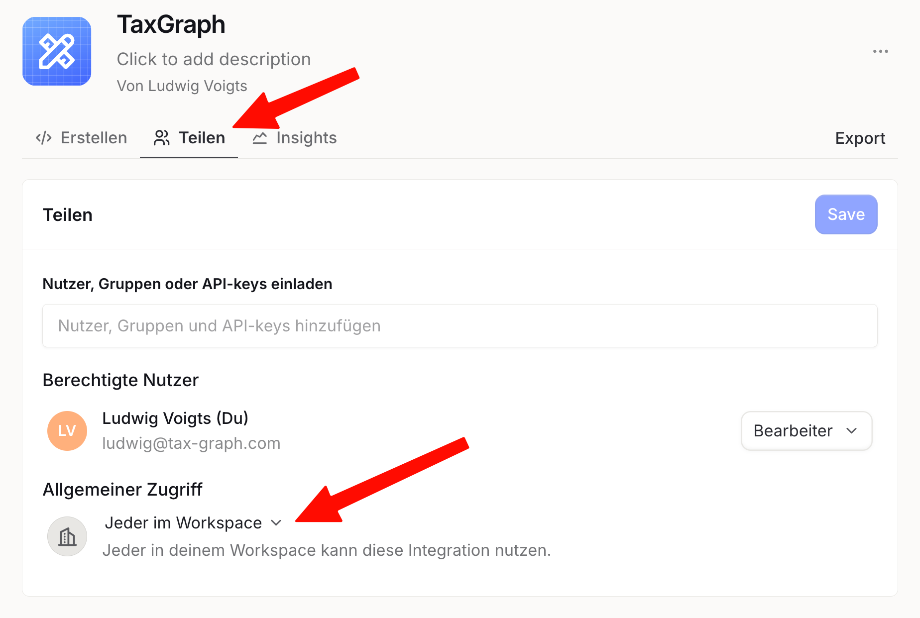 Langdock-Integration „TaxGraph“ im Reiter „Teilen“ mit dem Feld „Nutzer, Gruppen oder API-keys einladen“ und der Einstellung „Allgemeiner Zugriff: Jeder im Workspace“